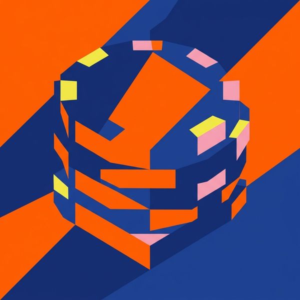 Isometric stacked chip motif in navy and orange